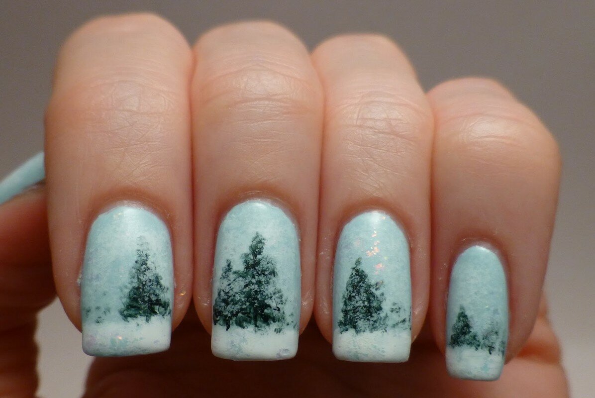 Зимний пейзаж на ногтях