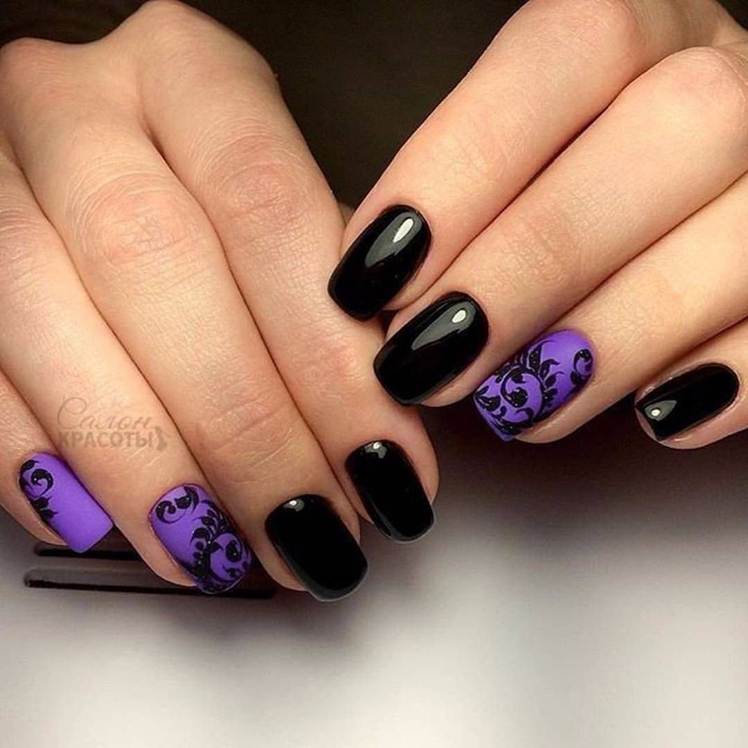 Маникюр чёрный с фиолетовым на короткие ногти