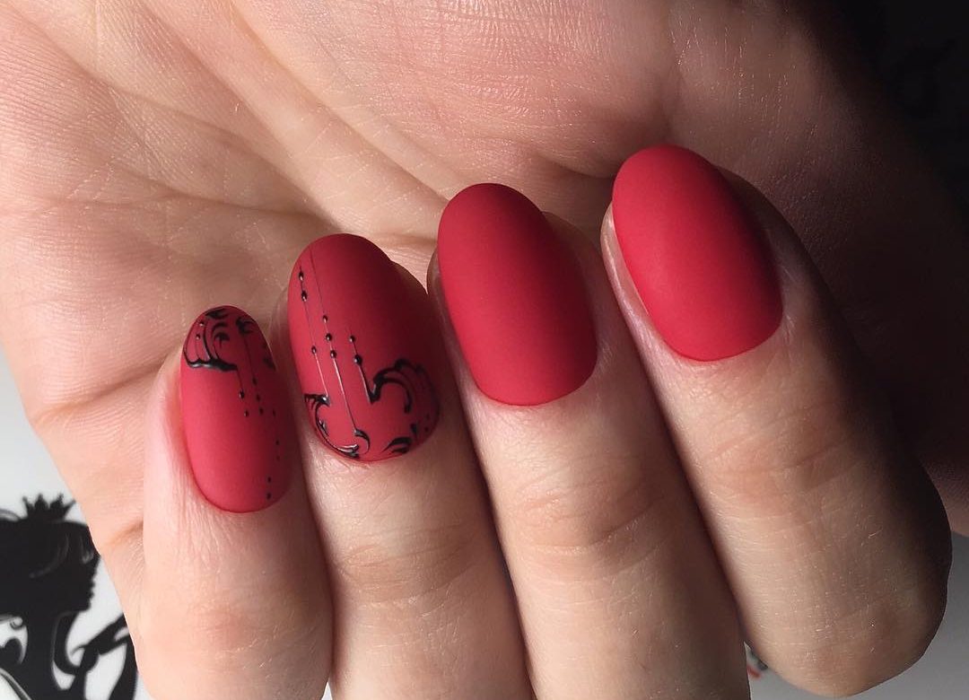 Красные Матовые Ногти С Рисунком