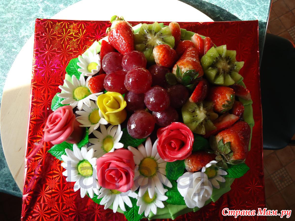 Торт украшение корзинка с фруктами и цветами