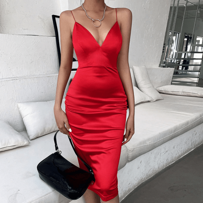 Женское красное вечернее платье без бретелей