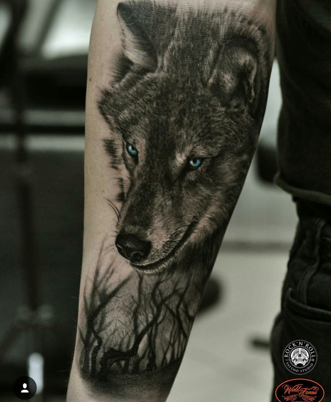 Тату волк с голубыми глазами на руке