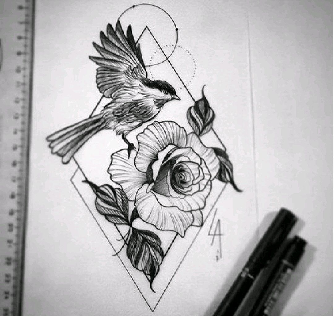 Эскиз тату птица с цветами