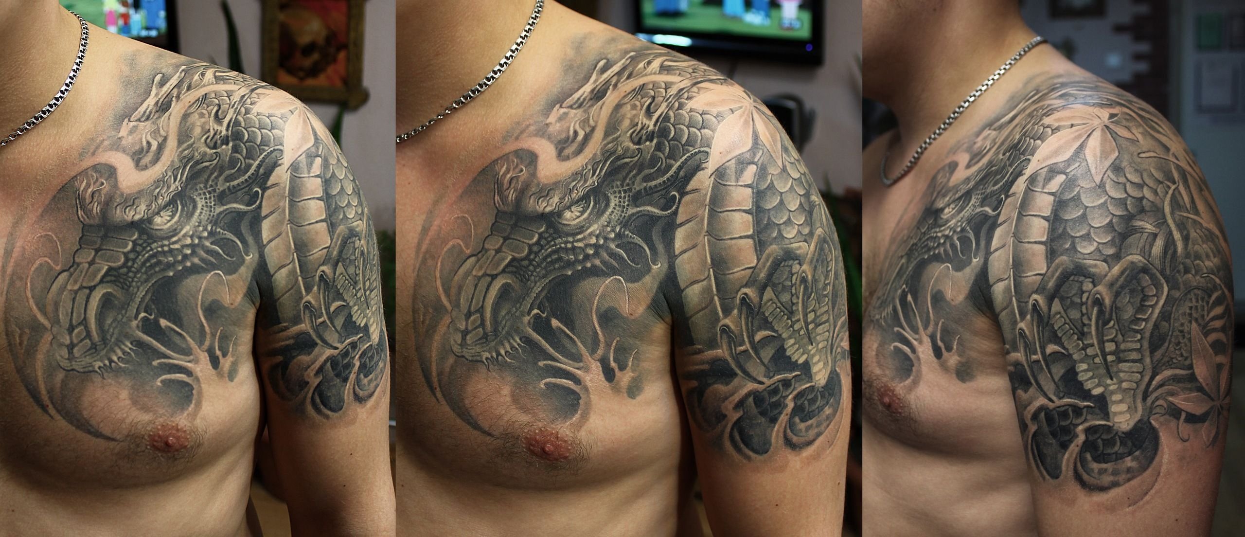 Тату дракон с плеча на грудь