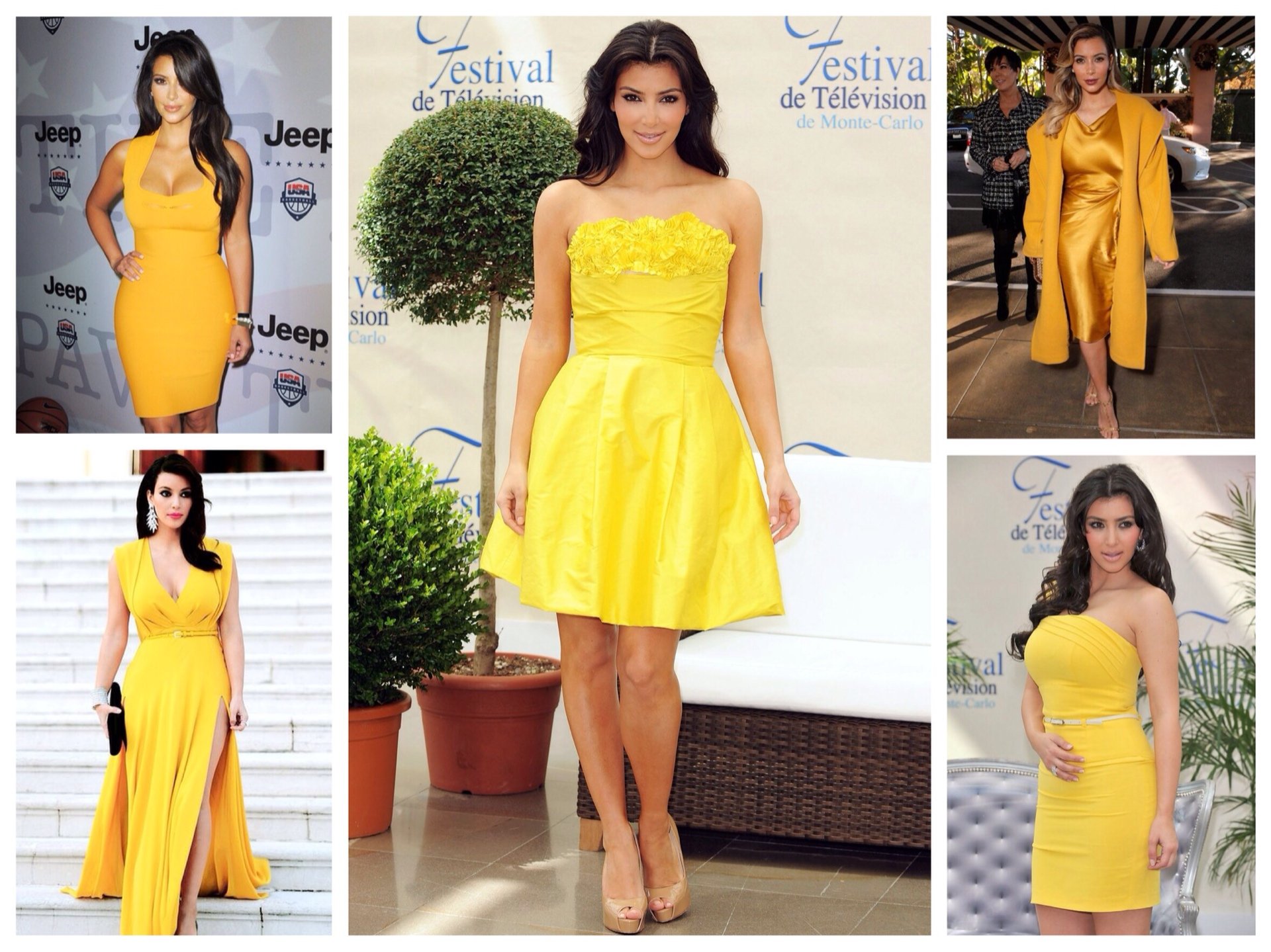 Ким Кардашян в желтом платье