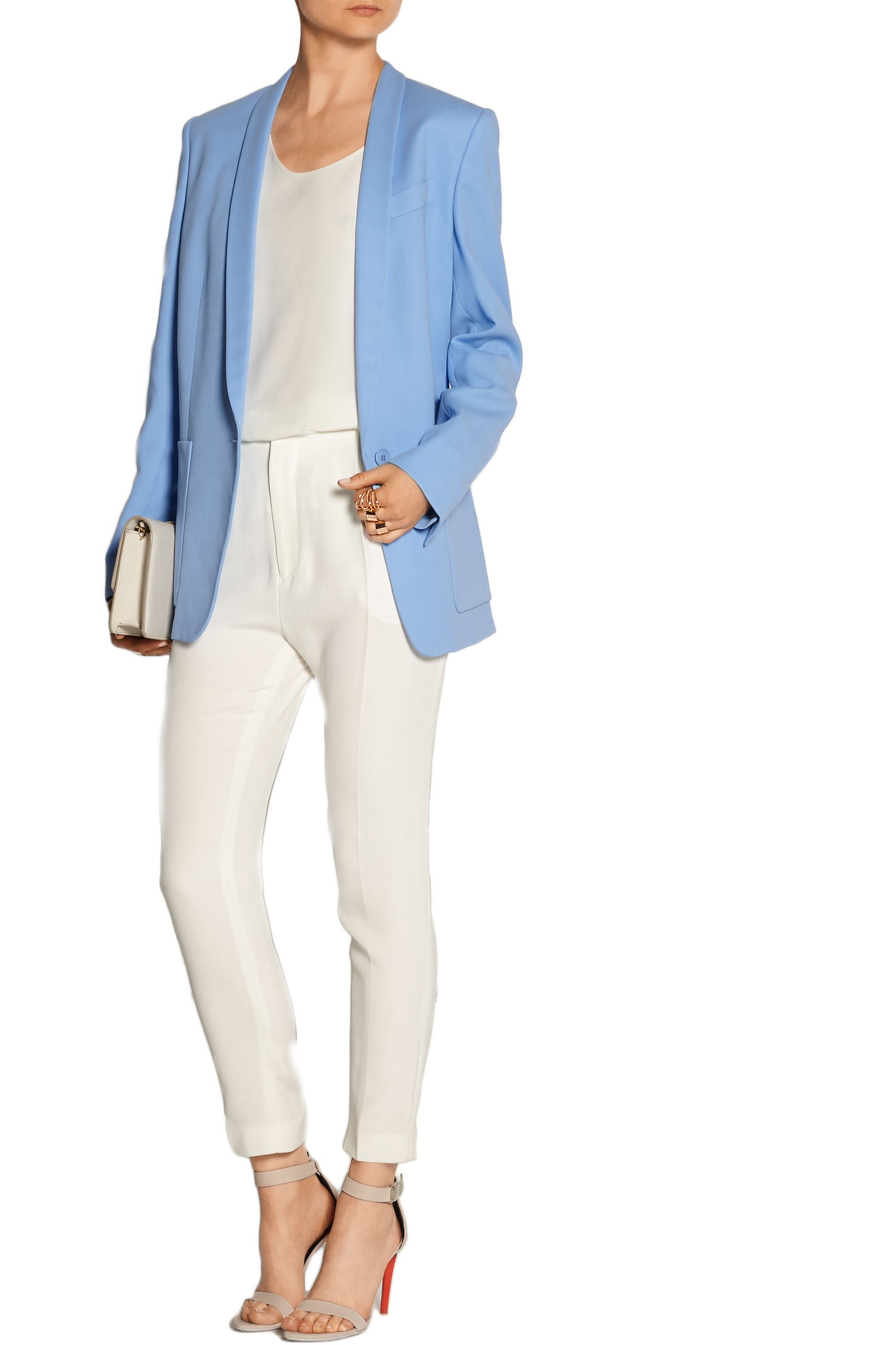 Белые брюки голубой пиджак женский