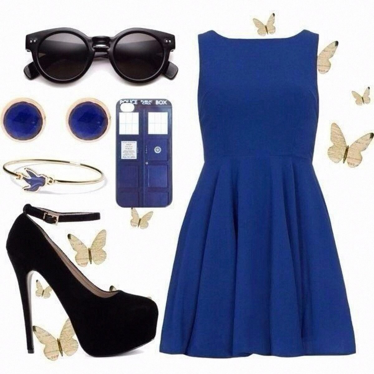 Лук с синим платьем
