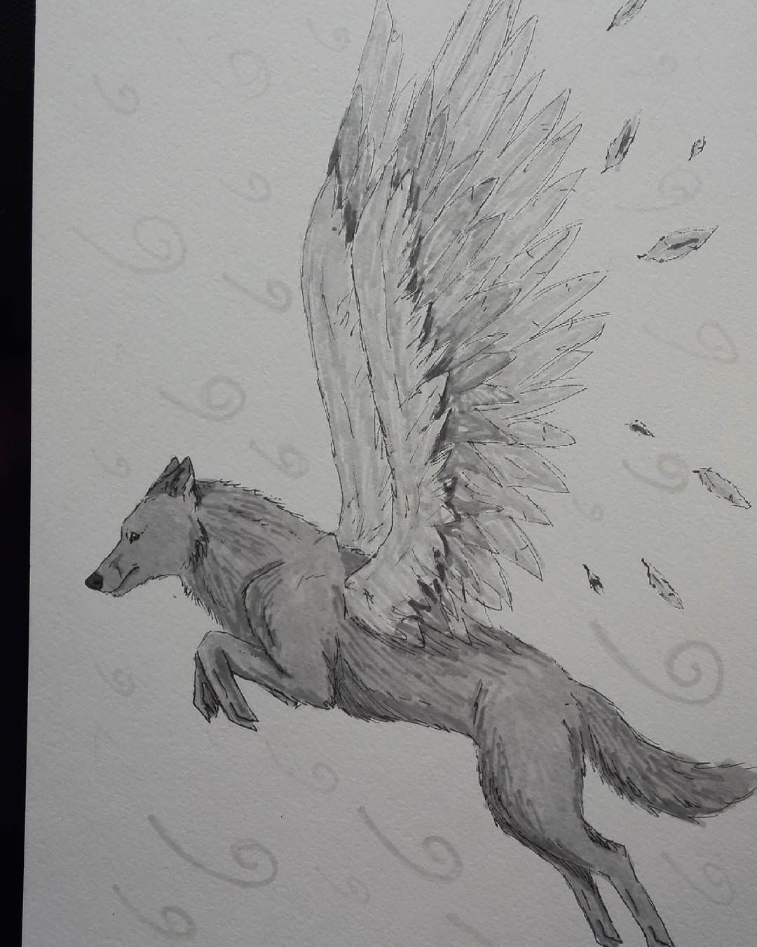 Крылатый волк карандашом