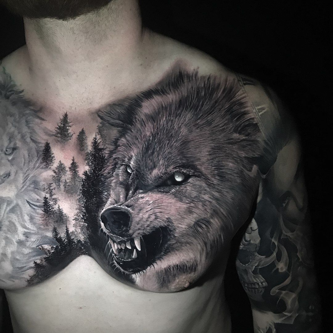 Татуировки оскал волка на груди