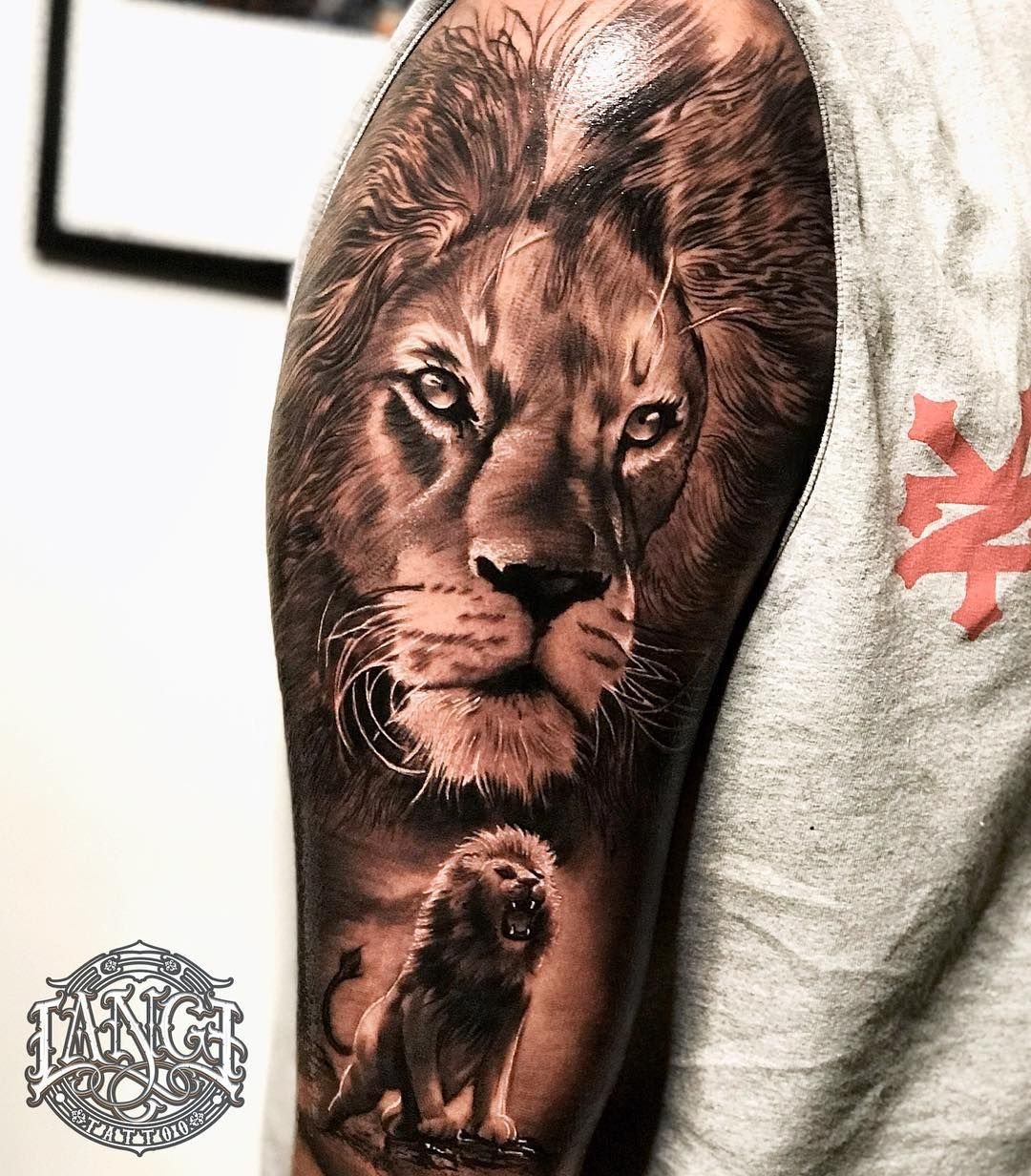 Тату Лев львица и Львенок на руке
