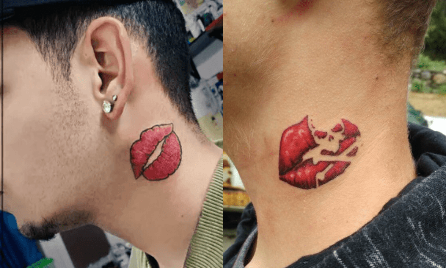 Татуировка губы на шее у мужчин