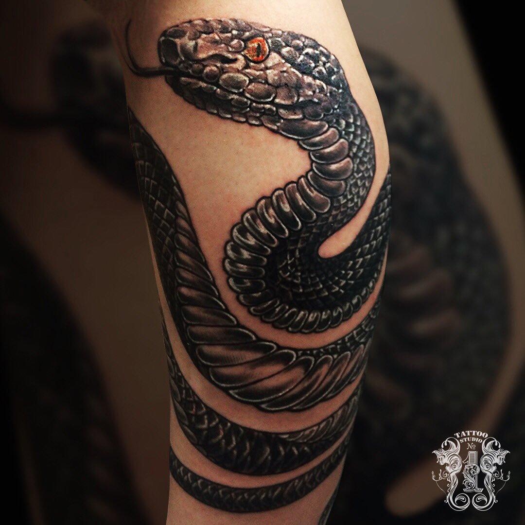 Художественное тату на руке змея
