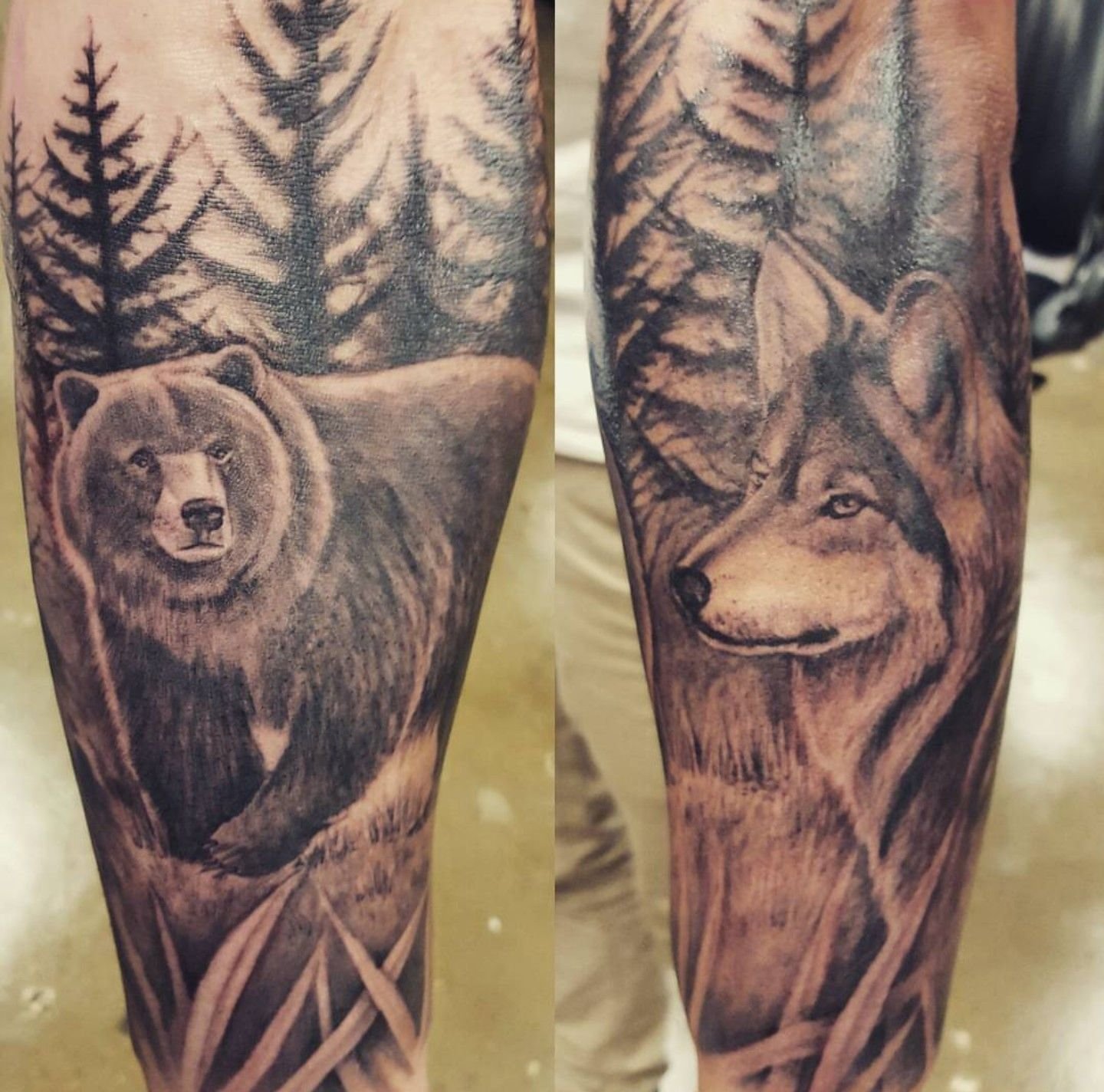 Тату волка и медведя на руке мужские