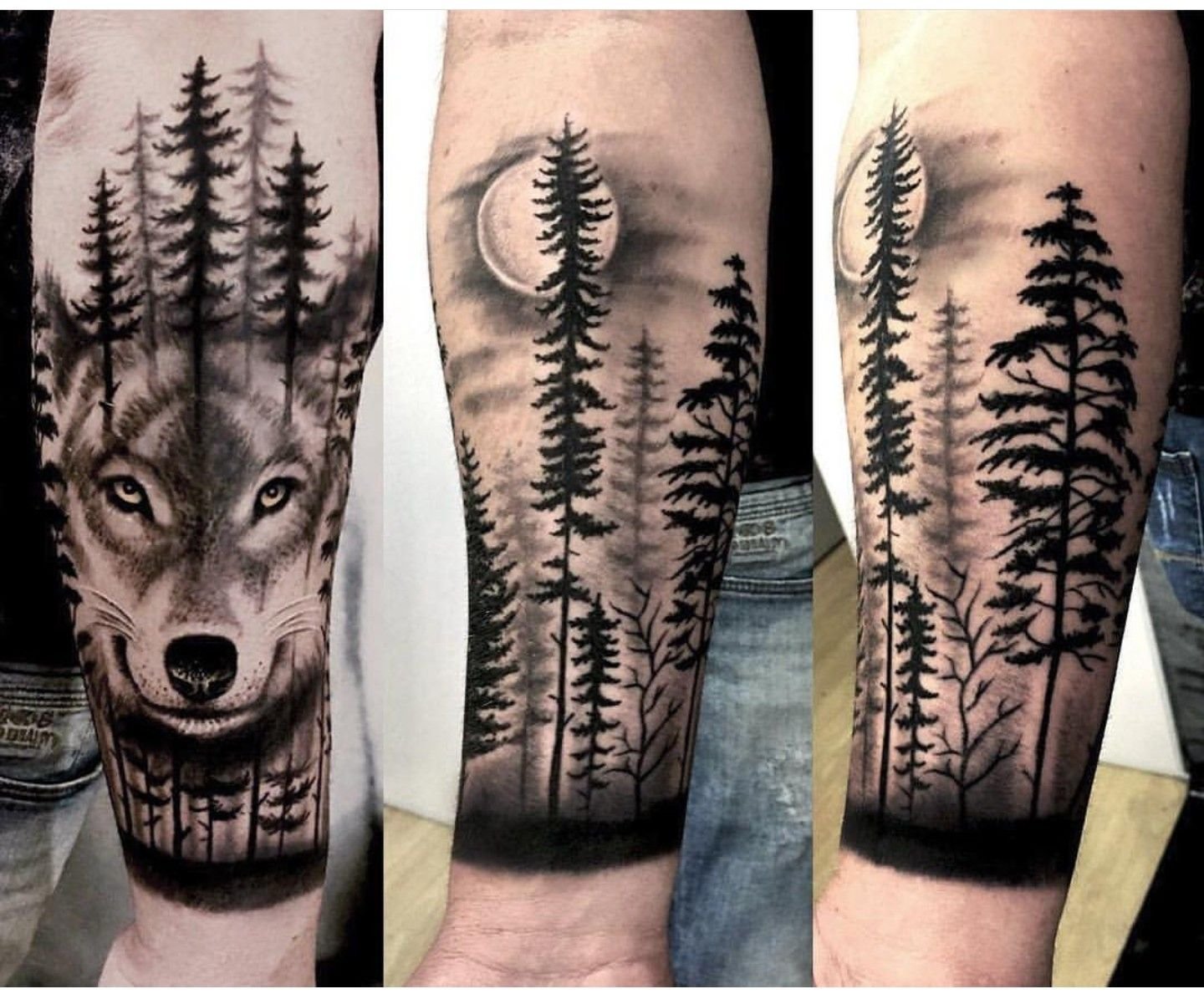 Тату волк с лесом на руке