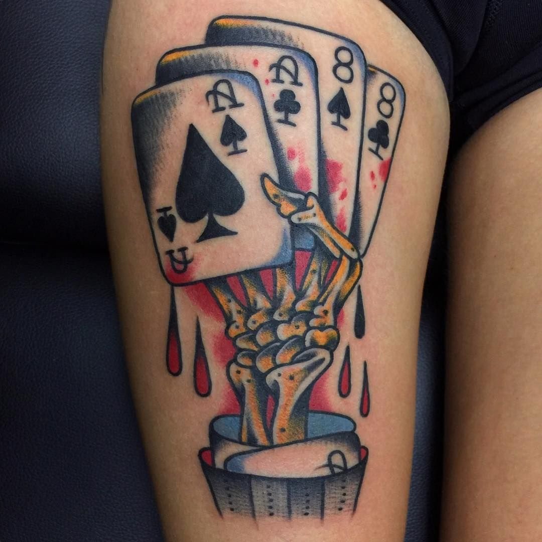 Traditional dead mans hand tattoo