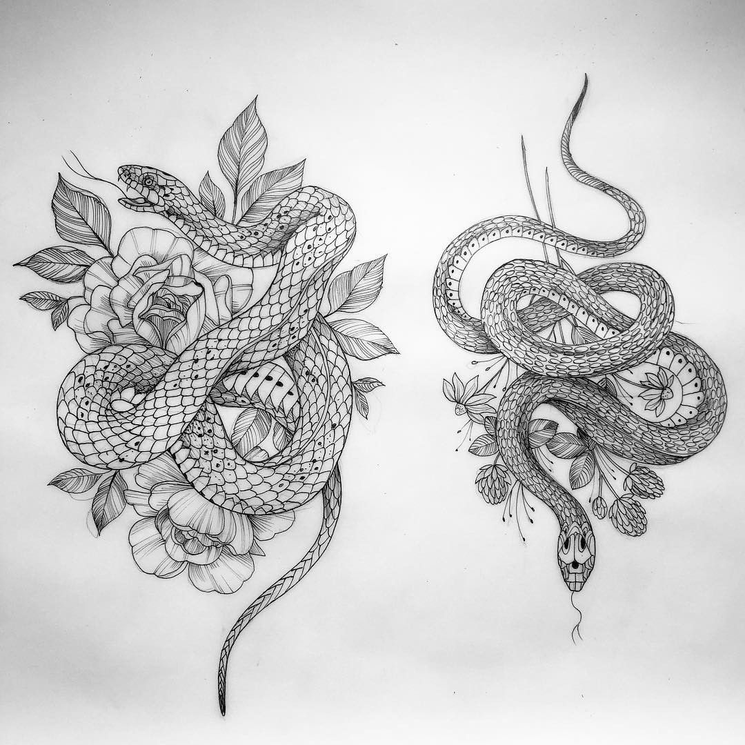 Эскиз змея с цветами