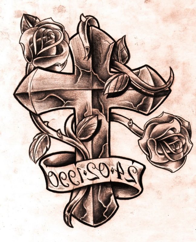 Крест с розами эскиз